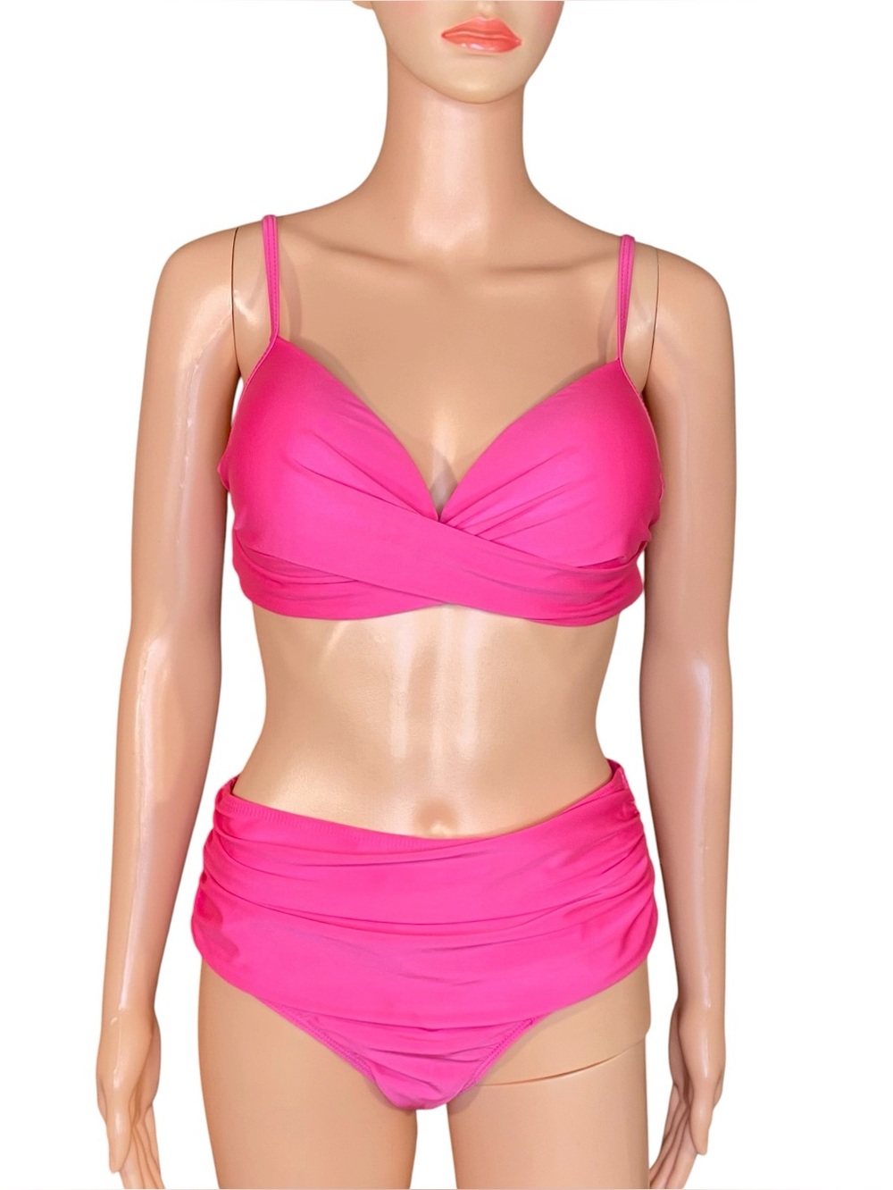 Hot Pink Two-Piece Swimsuit Bikini High Waist Twist Front Ruched Adjustable XL